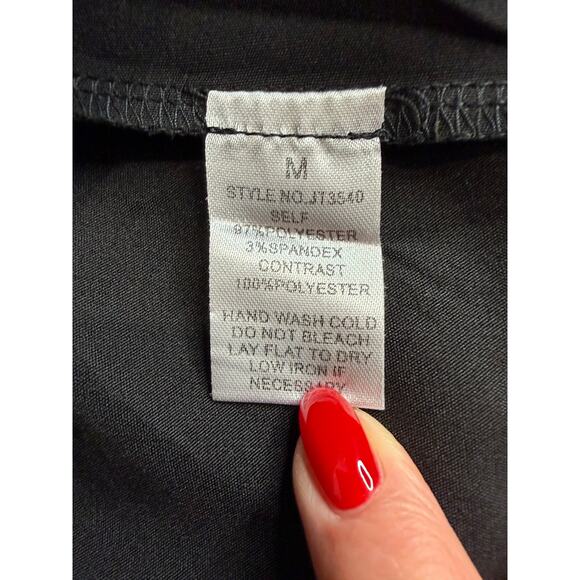 Peach Love California Black Sequin Sleeve Peplum Top M Faux Wrap EUC ✨ - Picture 7 of 7